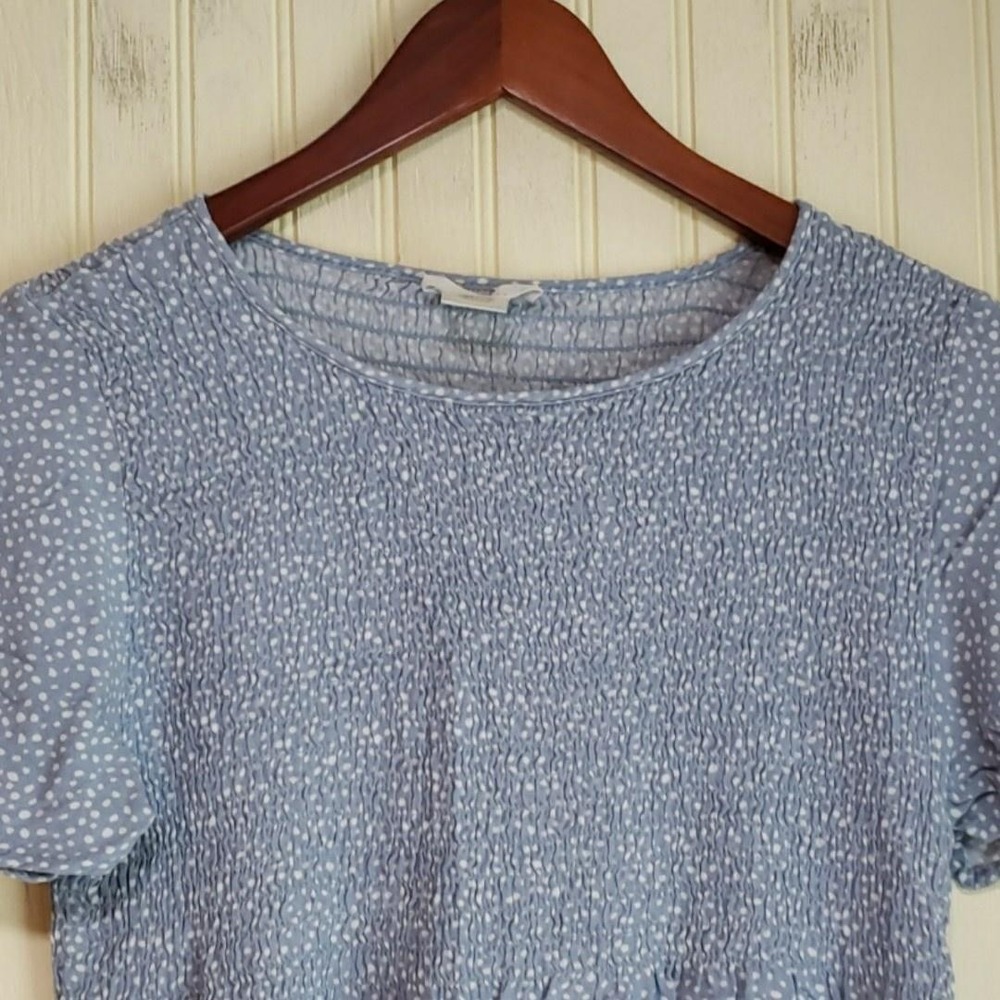 Urban Romantics Blouse Womens Large Blue Polka Dot Short Sleeve Smocked